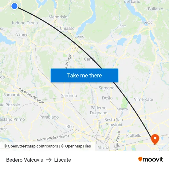 Bedero Valcuvia to Liscate map