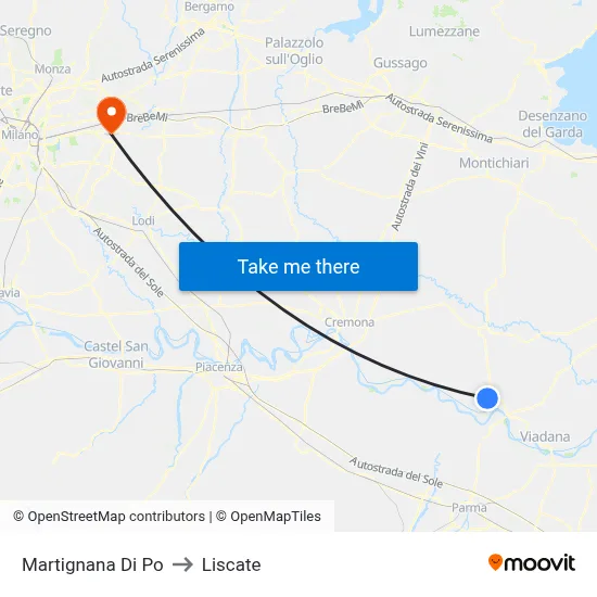 Martignana di Po to Liscate map
