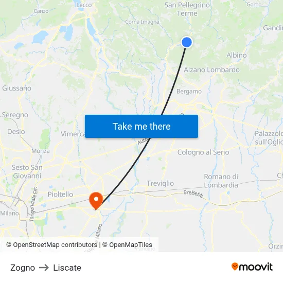 Zogno to Liscate map
