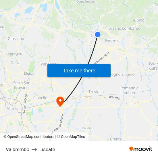 Valbrembo to Liscate map