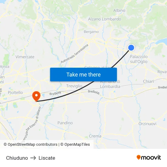 Chiuduno to Liscate map