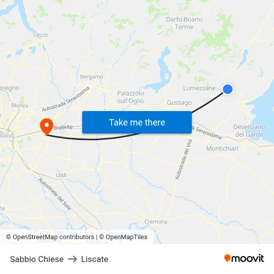 Sabbio Chiese to Liscate map