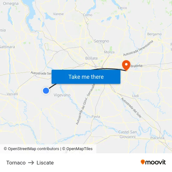 Tornaco to Liscate map