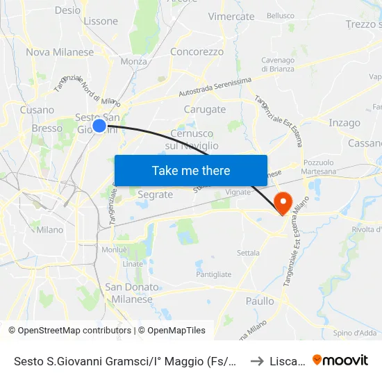 Sesto S.Giovanni Gramsci/I° Maggio (Fs/M1) to Liscate map