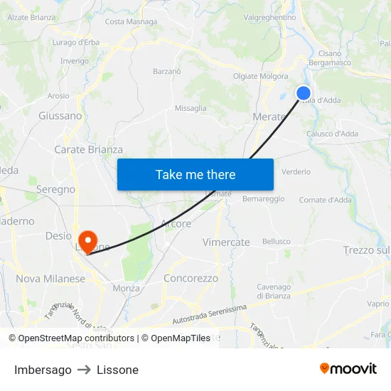Imbersago to Lissone map