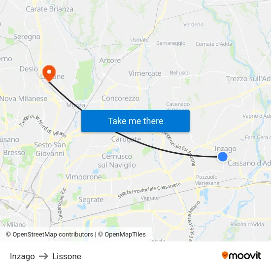Inzago to Lissone map