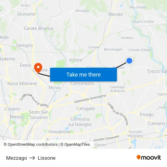 Mezzago to Lissone map