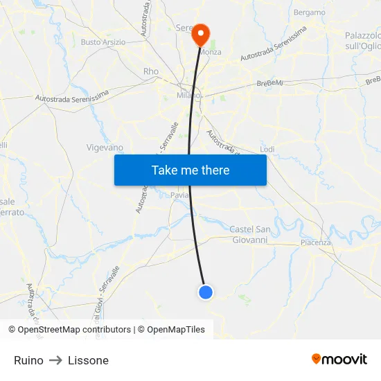 Ruino to Lissone map
