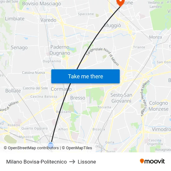 Milan Bovisa-Polytechnic to Lissone map