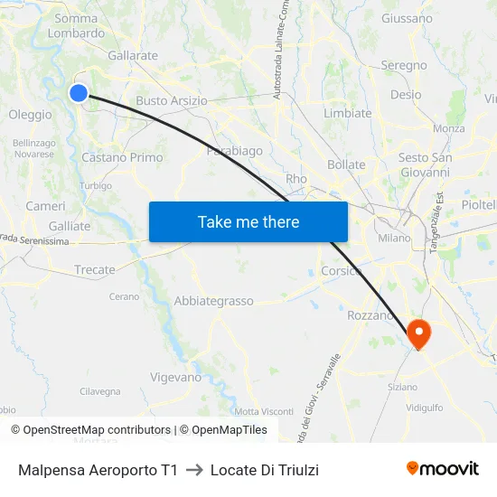 Malpensa Aeroporto T1 to Locate Di Triulzi map