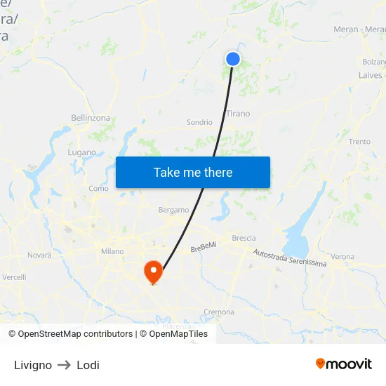 Livigno to Lodi map