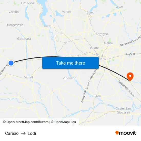 Carisio to Lodi map