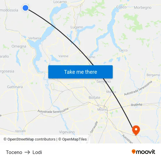 Toceno to Lodi map