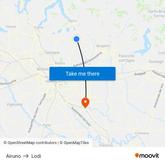 Airuno to Lodi map