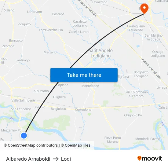 Albaredo Arnaboldi to Lodi map