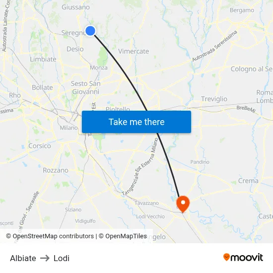 Albiate to Lodi map