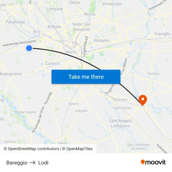 Bareggio to Lodi map
