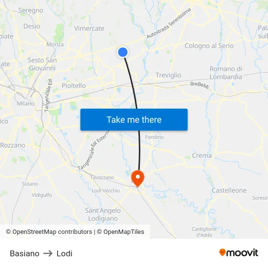 Basiano to Lodi map