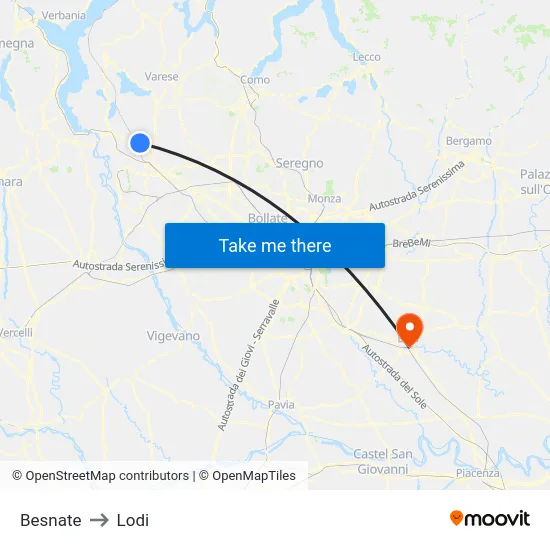 Besnate to Lodi map