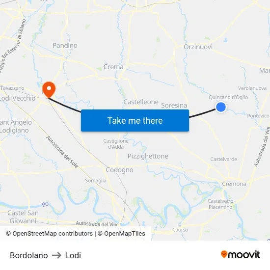 Bordolano to Lodi map