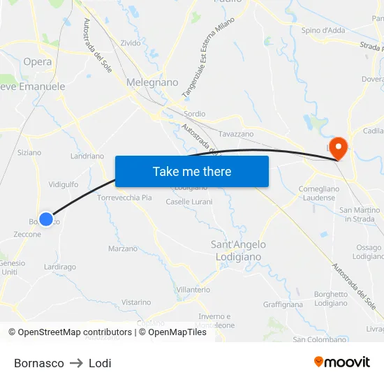 Bornasco to Lodi map