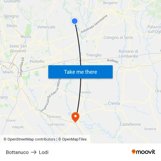 Bottanuco to Lodi map