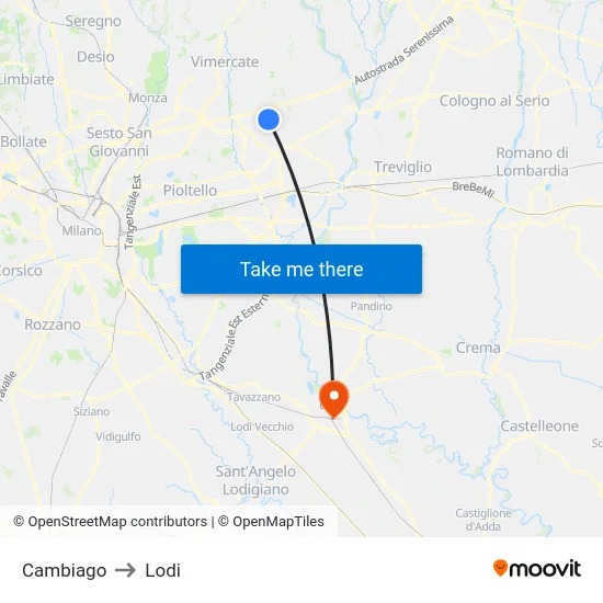 Cambiago to Lodi map