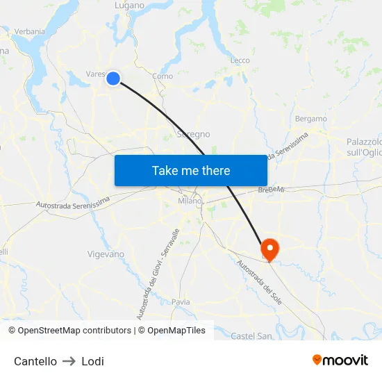 Cantello to Lodi map