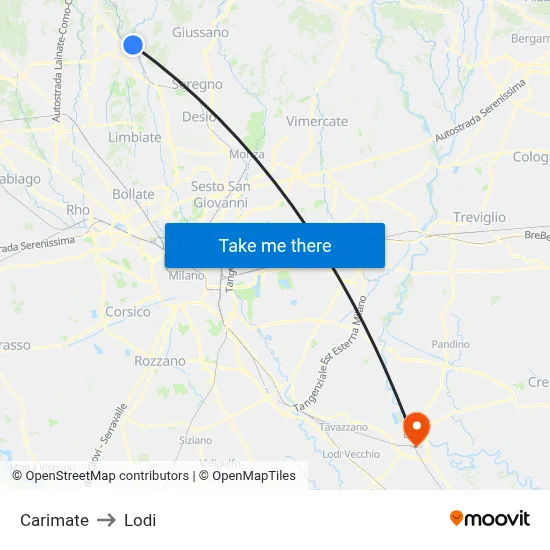 Carimate to Lodi map