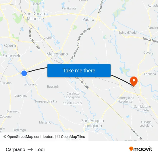 Carpiano to Lodi map