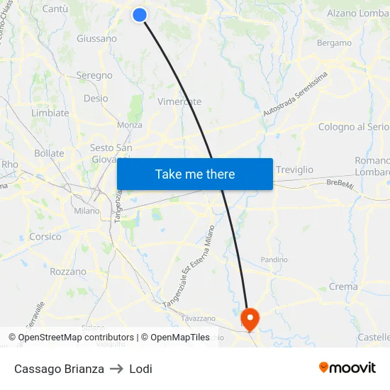 Cassago Brianza to Lodi map