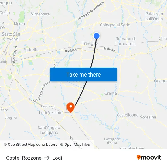 Castel Rozzone to Lodi map