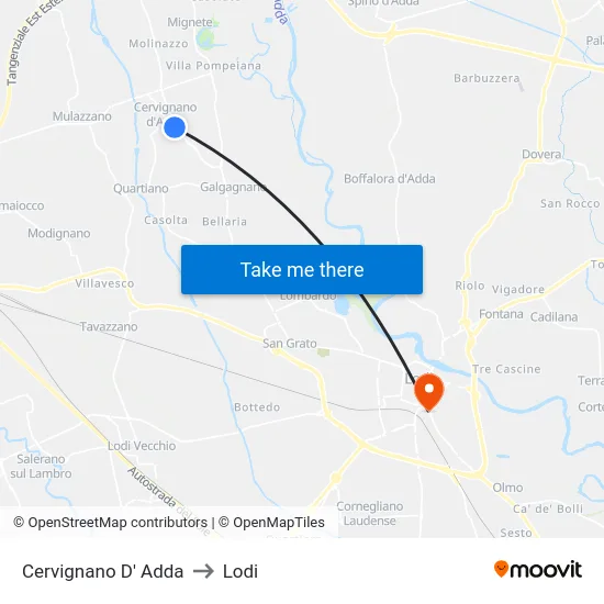 Cervignano d'Adda to Lodi map