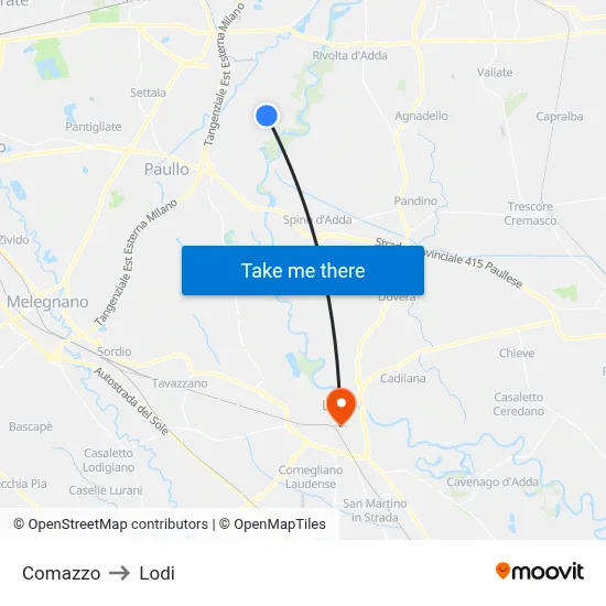 Comazzo to Lodi map