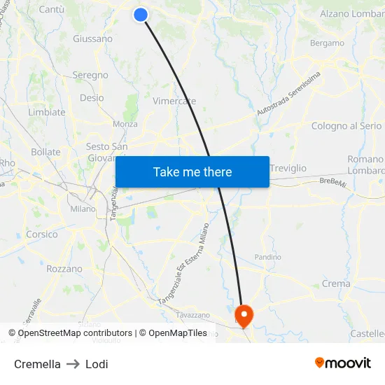 Cremella to Lodi map