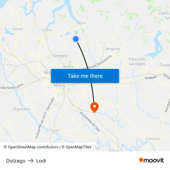 Dolzago to Lodi map