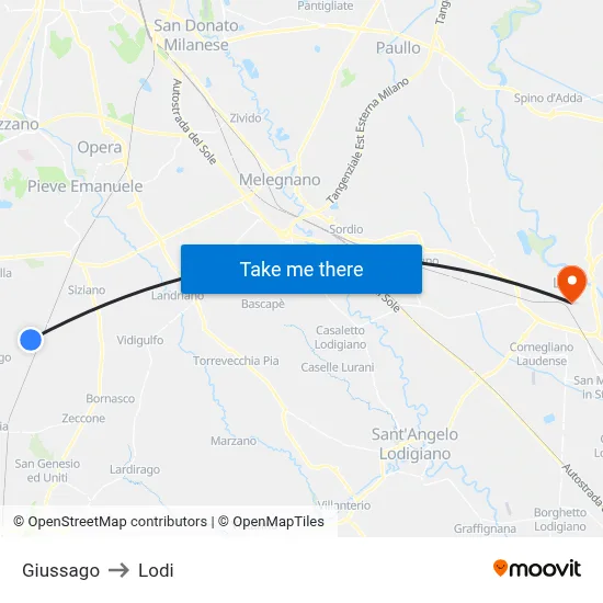 Giussago to Lodi map