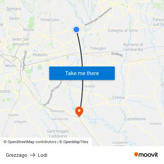 Grezzago to Lodi map