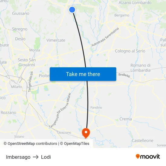 Imbersago to Lodi map