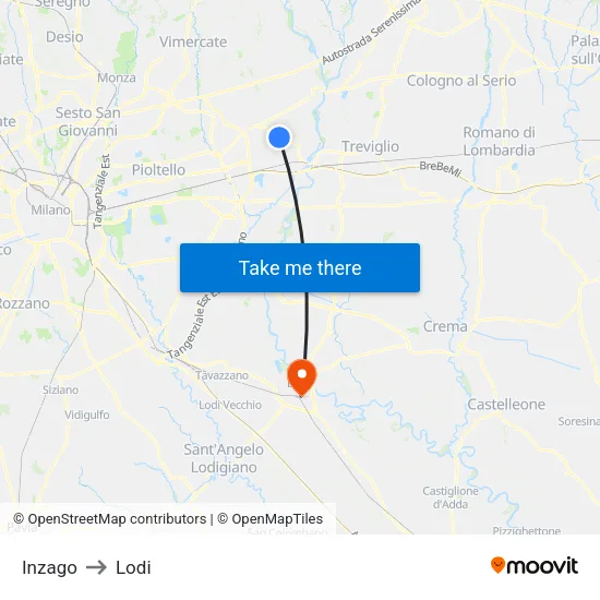 Inzago to Lodi map