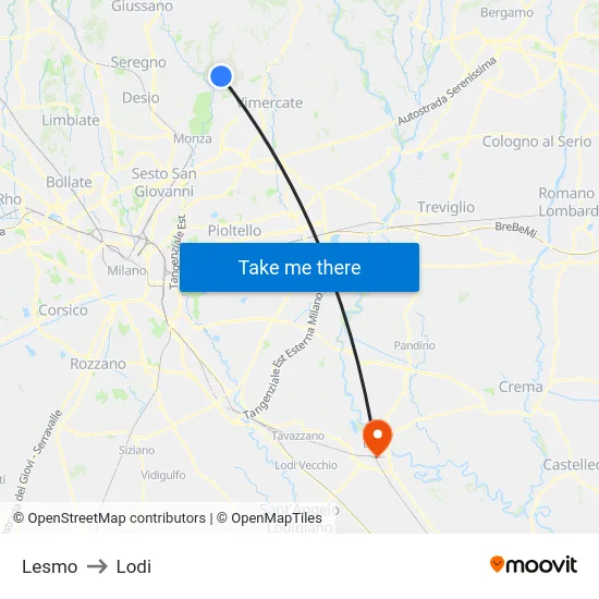 Lesmo to Lodi map