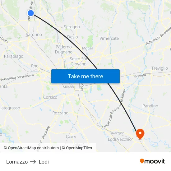 Lomazzo to Lodi map