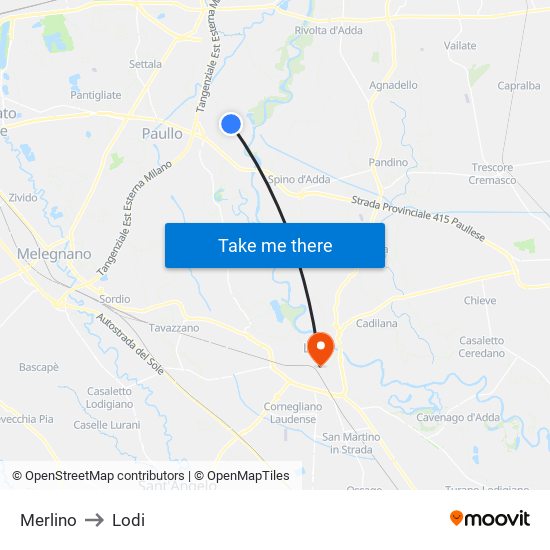 Merlino to Lodi map