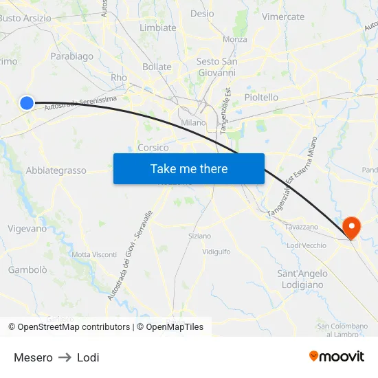 Mesero to Lodi map