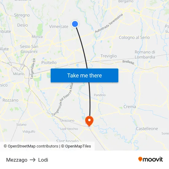 Mezzago to Lodi map