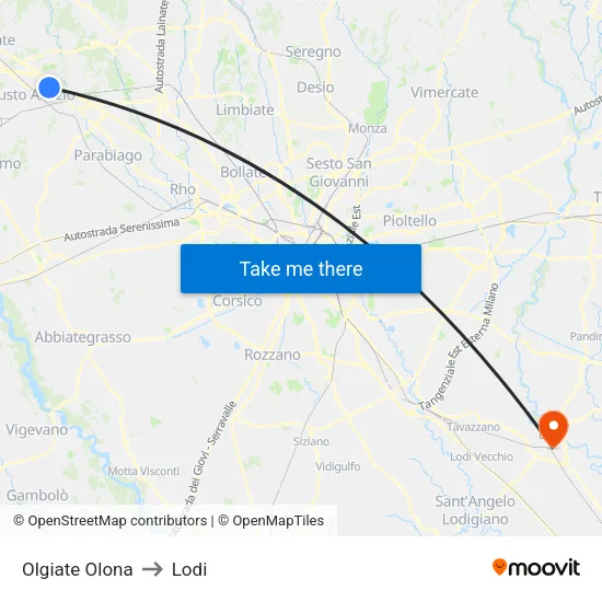 Olgiate Olona to Lodi map