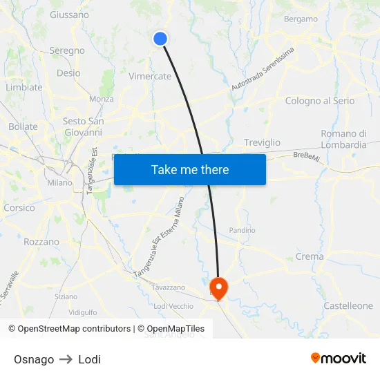 Osnago to Lodi map