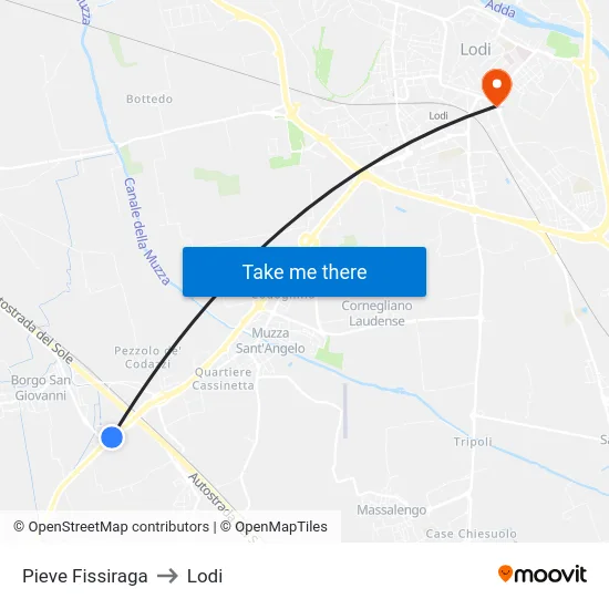 Pieve Fissiraga to Lodi map