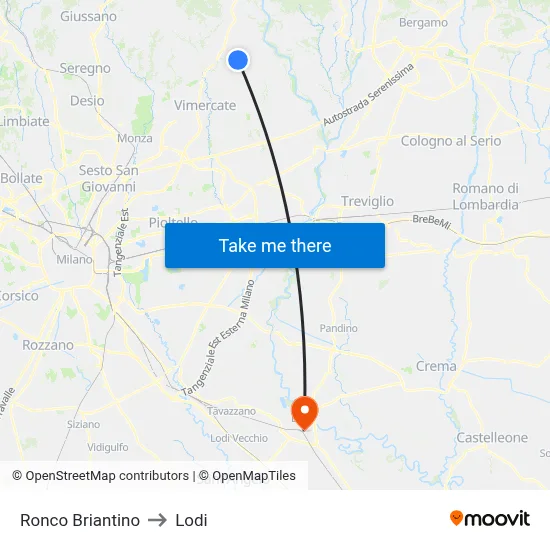 Ronco Briantino to Lodi map