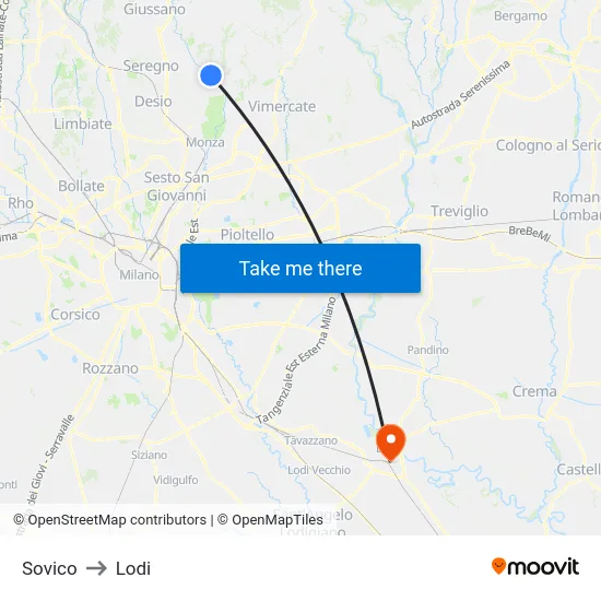 Sovico to Lodi map